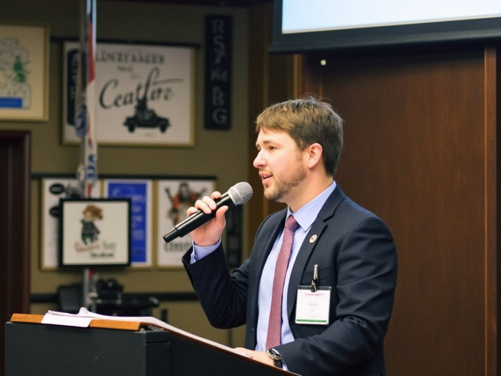 Man confidently speaking into a microphone, symbolizing strong public speaking skills and effective leadership communication