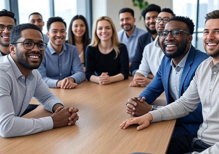 Group of smiling team members sitting together, representing unity, motivation, and inspired leadership in a workplace setting