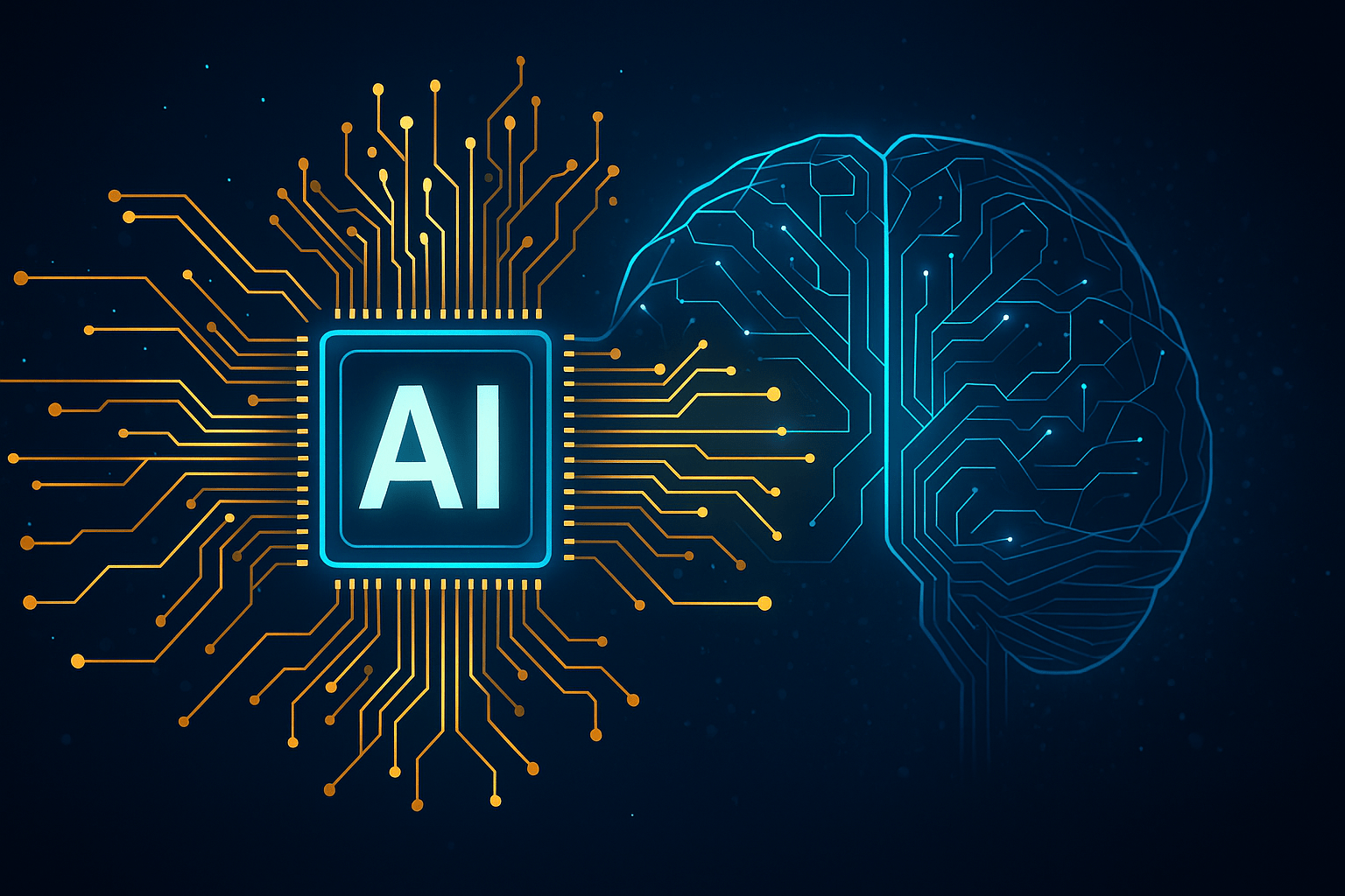 Thumbnail image of Brain illustration designed with computer chip board circuits next to the text AI, representing the integration of artificial intelligence in small business growth