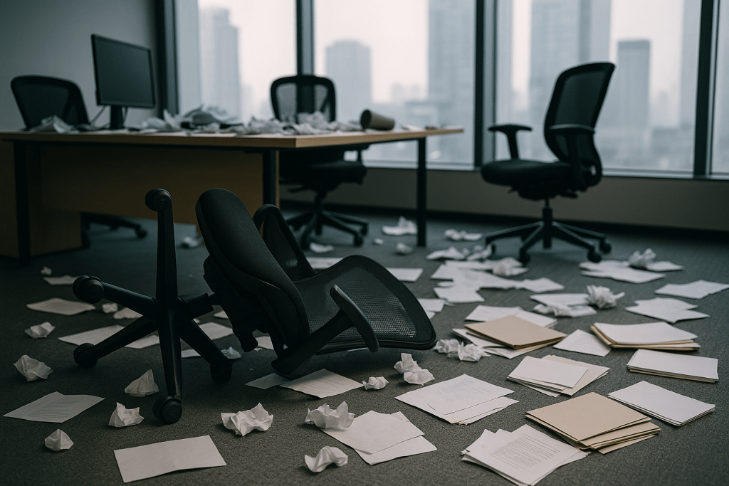 Office in disarray with scattered papers and a fallen chair, symbolizing chaos and hidden obstacles affecting business productivity