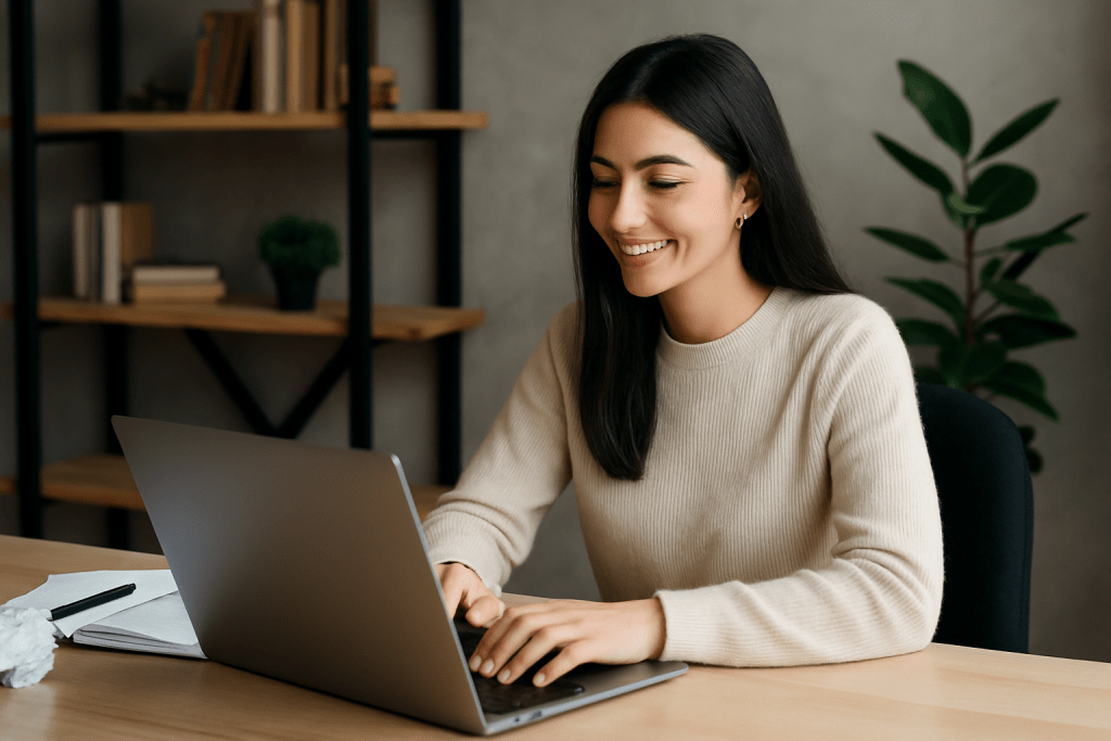 Young woman working on a laptop, representing productivity and a healthy work culture
