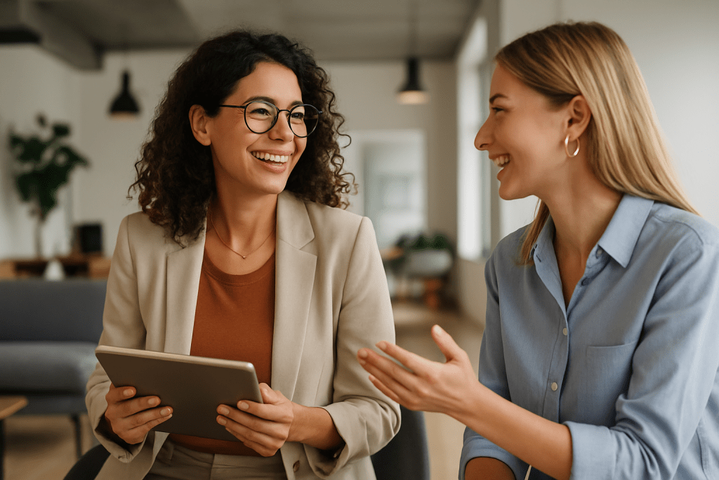 Two smiling young women holding a tablet, symbolizing collaboration and digital tools for entrepreneurial growth