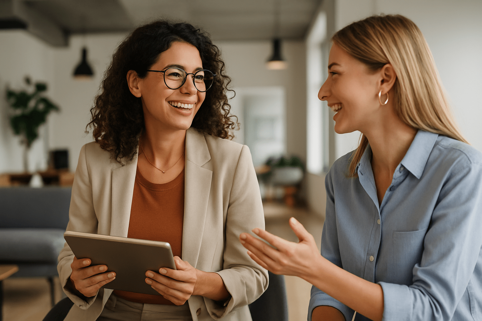 Two smiling young women holding a tablet, symbolizing collaboration and digital tools for entrepreneurial growth
