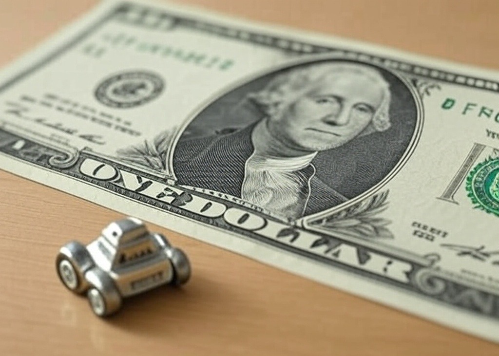 one dollar note placed on a table with a small toy car, symbolizing financial planning, saving, and wealth-building goals
